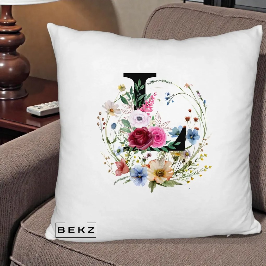 Cadou Personalizat - Perna Personalizata Monogram Litera L cu Flori Acuarela, 40x40 cm, Alb Pufos, Husa Detasabila, Perna Inclusa, BEKZ®