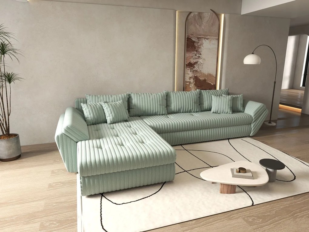 Colțar extensibil dumonde cu ladă de depozitare si sezut confortabil din spuma high-density, Loana XL Ambience Mint 335x185 cm