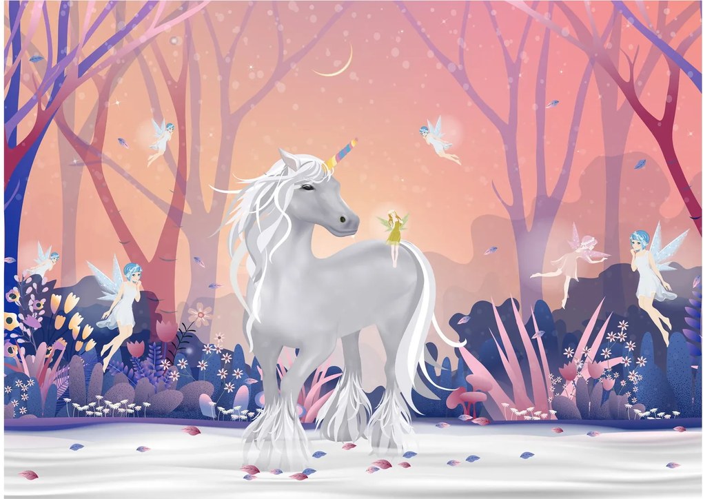 Tablou pe sticlă - Unicorn în pădurea fermecată (70x50 cm)