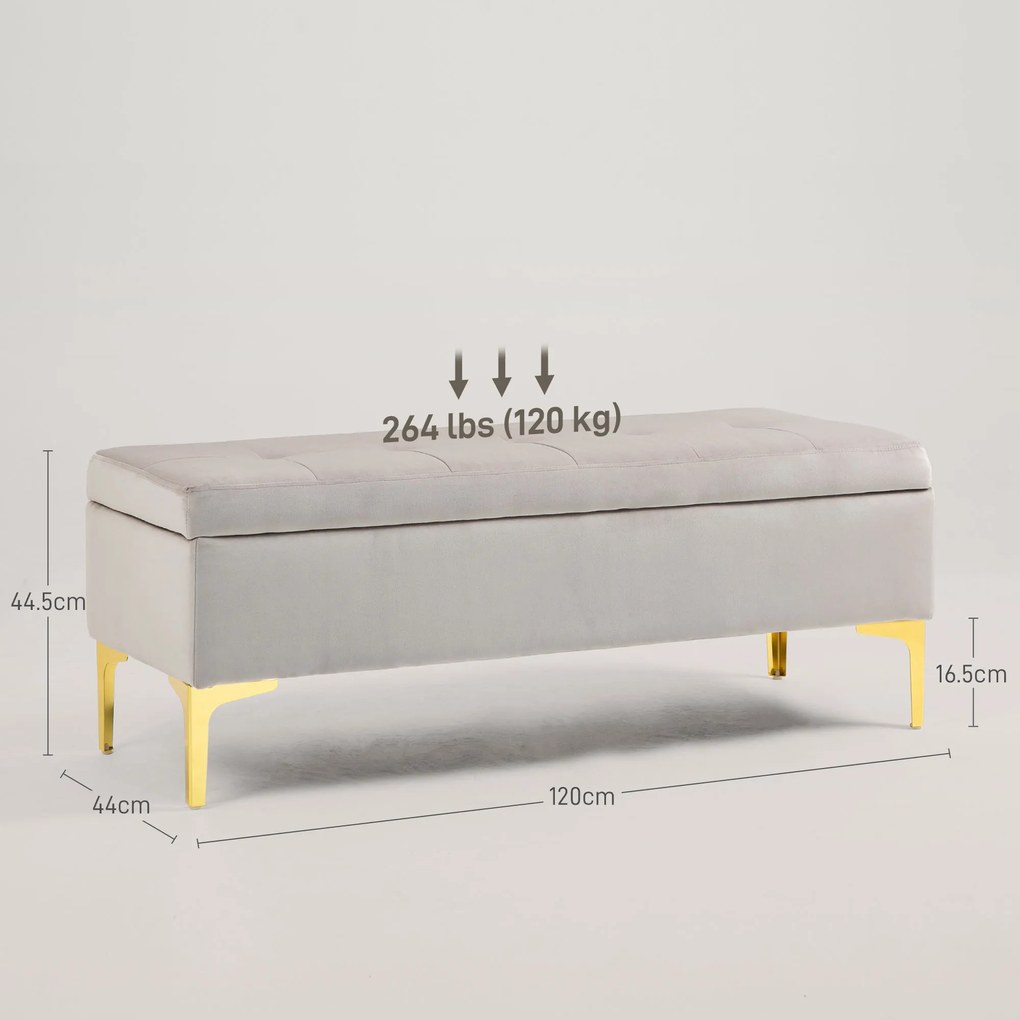 HOMCOM Bancă Otomană de Depozitare, Capăt de Pat din Catifea cu Picioare și Spațiu de Depozitare, 120x44x44.5 cm, Gri Deschis | Aosom Romania