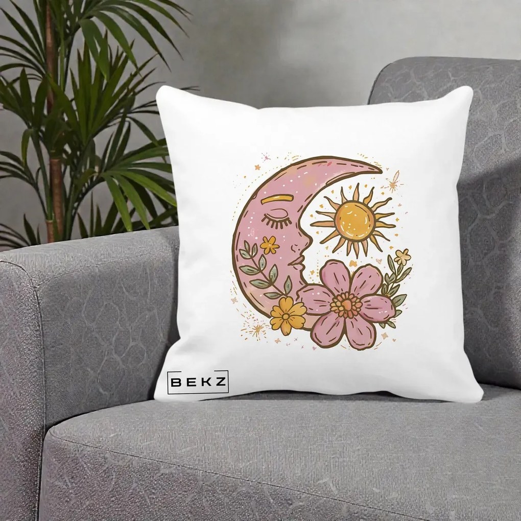Perna Personalizata Luna si Soare Floral Boho, 40x40 cm, Alba Mata, Husa Detasabila, Perna Inclusa, BEKZ®