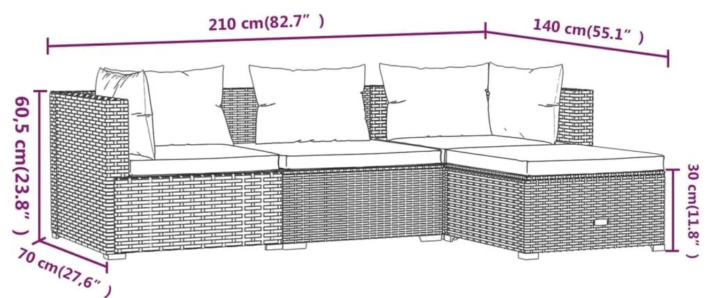Set mobilier de gradina cu perne, 4 piese, maro, poliratan maro si rosu scortisoara, 2x colt + mijloc + suport pentru picioare, 1