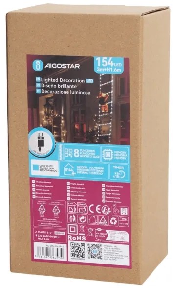 Aigostar - Decorațiune LED de exterior pentru Crăciun, 154 LED, 3,6 W, 230 V, 8 funcții, 1,6 m, IP44, alb rece