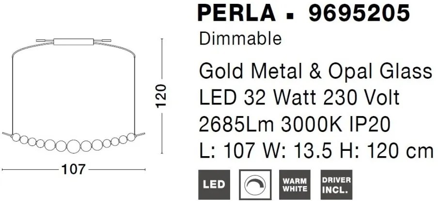 Lustra LED suspendata, dimabila, deosebita design lux PERLA opal, auriu