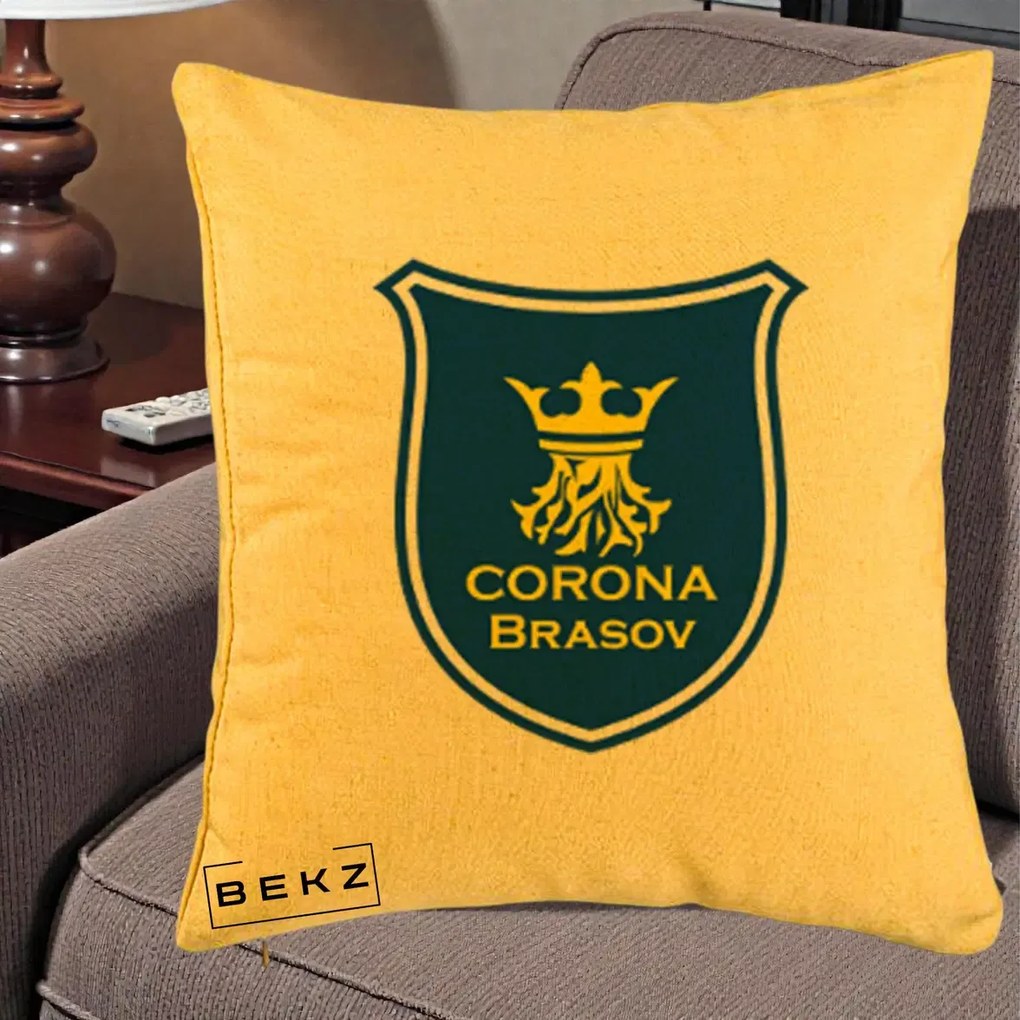 Perna Personalizata Corona Brasov Fotbal, 40x40 cm, Galben, Husa Detasabila, Perna Inclusa, BEKZ®
