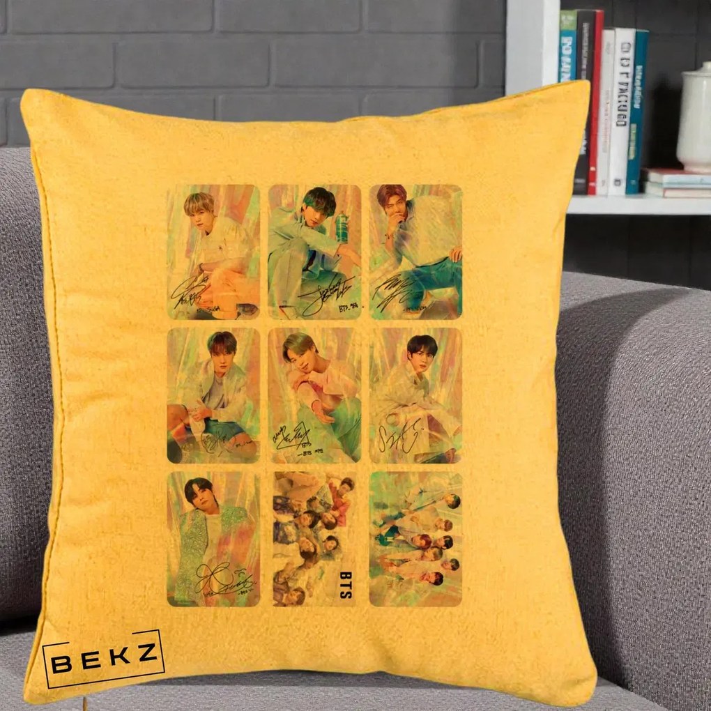 Perna Personalizata K-pop BTS Colaj 9 Fotografii Autografe Individual, 40x40 cm, Galben, Husa Detasabila, Perna Inclusa, BEKZ®
