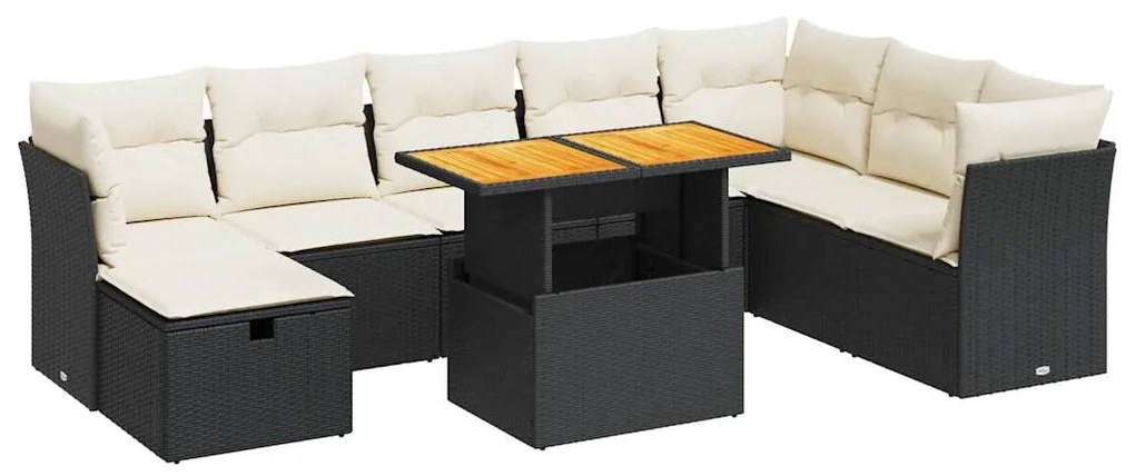 3327987 vidaXL Set mobilier grădină perne 9 piese negru poliratan/lemn acacia