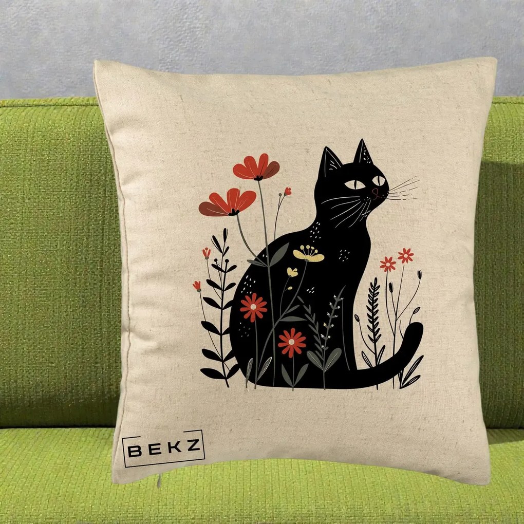 Perna Decorativa Pisica Neagra Flori Rosii Folk, 40x40 cm, Bej, Husa Detasabila, Perna Inclusa, BEKZ®
