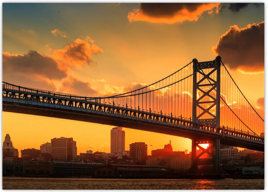 Tablou - Apus de soare peste Podul Ben Franklin, Philadelphia (70x50 cm)