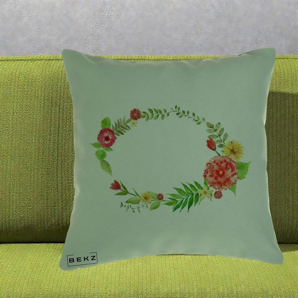 Perna Decorativa Coroana Florala Acuarela, 40x40 cm, Verde, Husa Detasabila, Perna Inclusa, BEKZ®