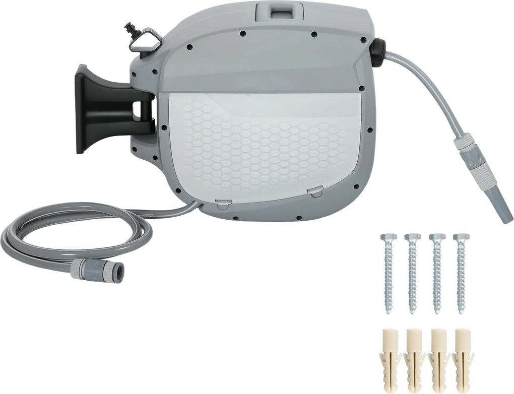 Outsunny Derulator pentru furtun retractabil 20+1,9 m cu duză 2 moduri blocare automată și retragere controlată suport gri | Aosom Romania