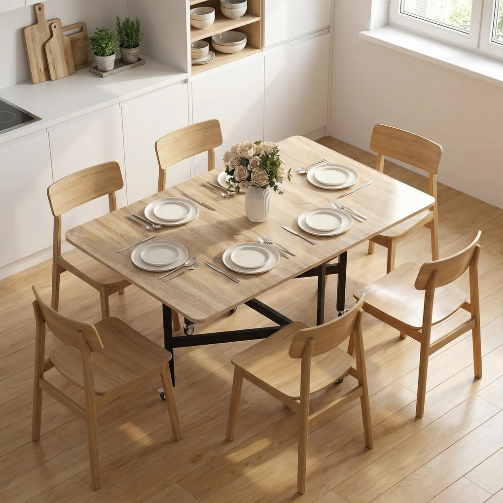 HOMCOM Masă Pliabilă pentru Dining, Masă de Bucătărie Extensibilă cu Roți și Frâne, pentru 4-6 Persoane, Birou Rabatabil cu Structură din Oțel, pentru Living, 120x80x73 cm, Stejar | Aosom Romania