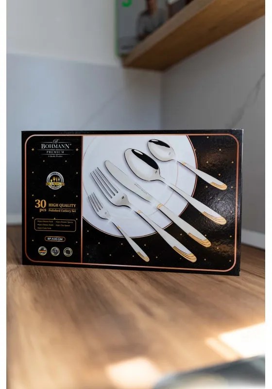 Set tacamuri Bohmann BH BP A30-GM, Cutie, SS 18/10, 30 buc, Inox/Auriu