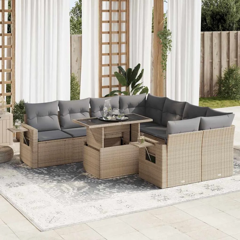 vidaXL Set canapele de grădină, 9 piese, cu perne, bej, poliratan