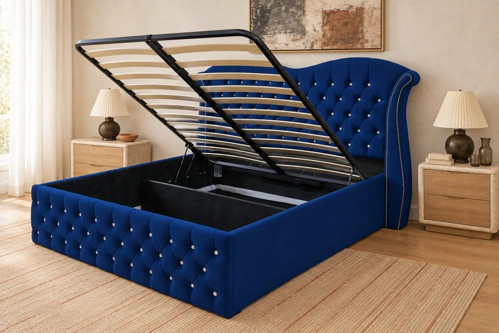 Pat tapițat Chesterfield Avella 140×200 cm, bleumarin, cu ladă de depozitare