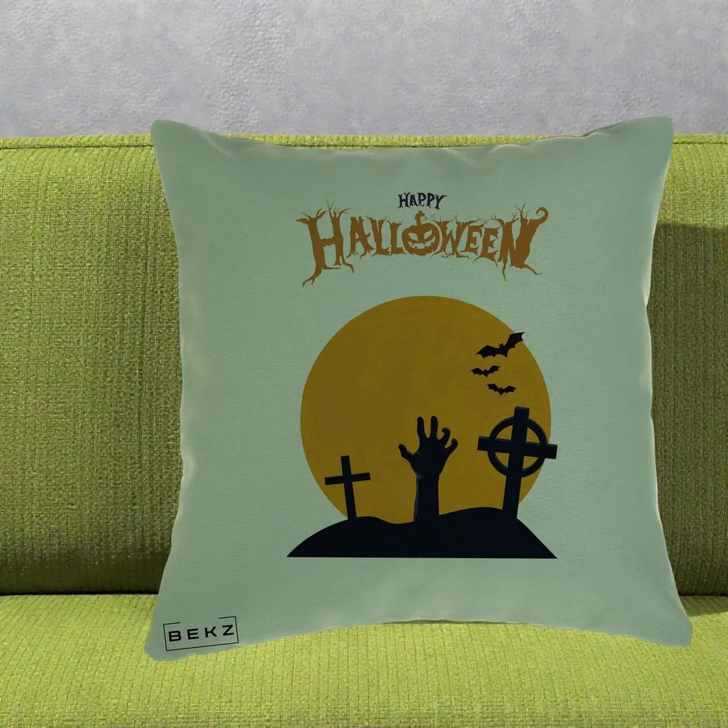Perna Decorativa Happy Halloween Cimitir cu Luna, 40x40 cm, Verde, Husa Detasabila, Perna Inclusa, BEKZ®