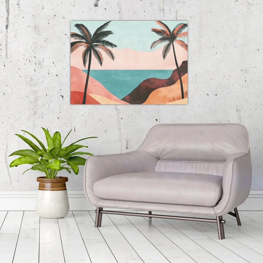 Tablou pe sticlă - Palmieri la mare (70x50 cm)