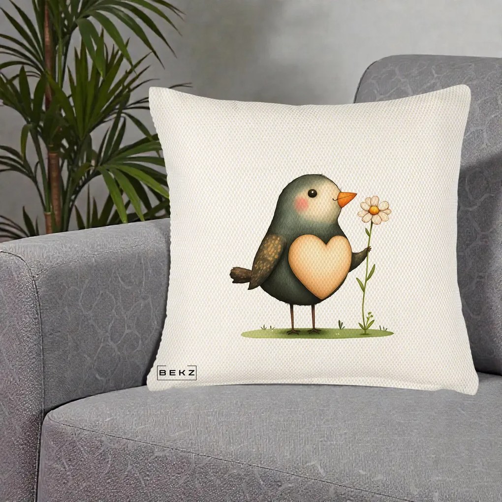 Perna Decorativa Pasare cu Inima si Margareta, 40x40 cm, Crem Reliefat, Husa Detasabila, Perna Inclusa, BEKZ®
