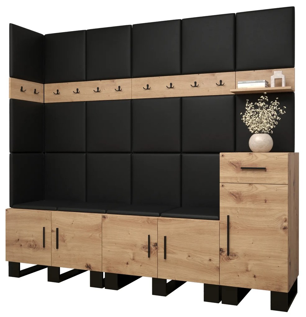 Set mobilier pentru hol Amanda 9 (Stejar artisan + piele ecologică Negru). 1085937