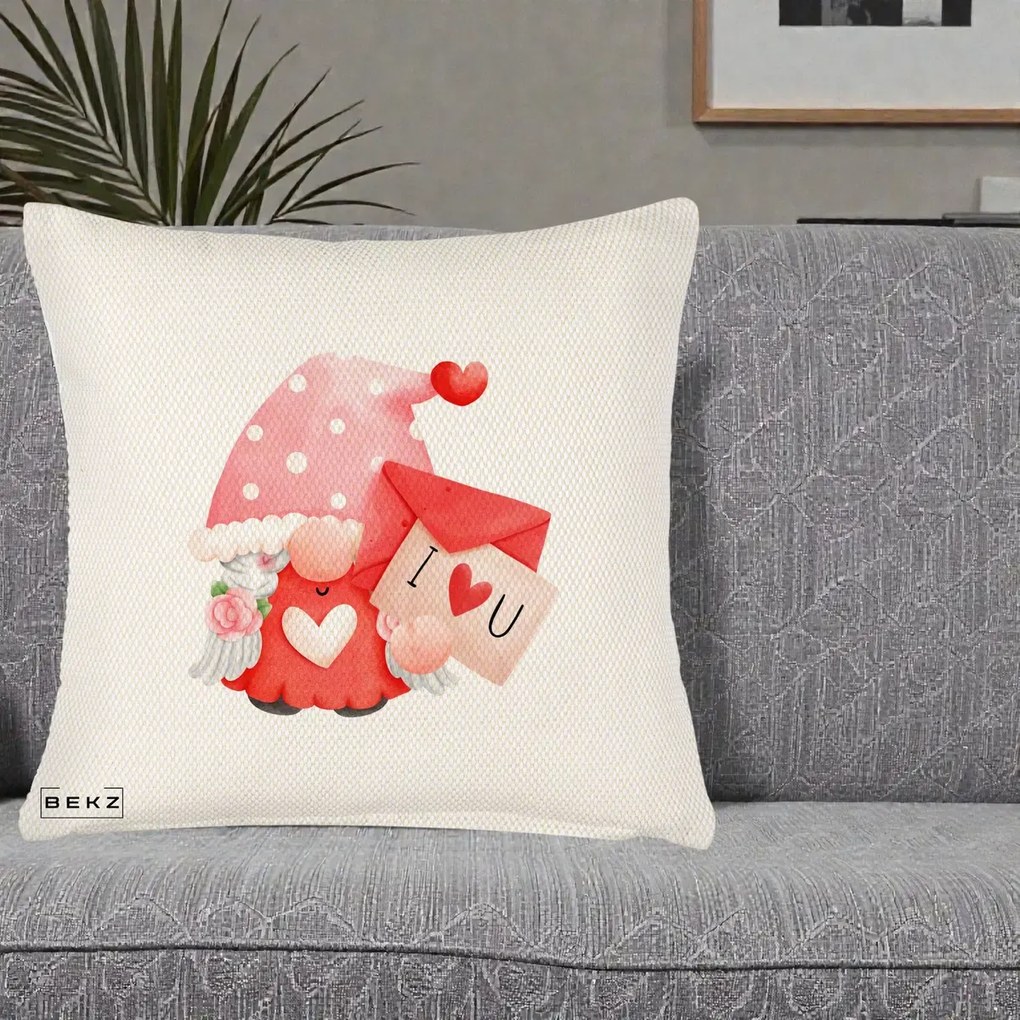 Cadou Romantic - Perna Personalizata I Love You Gnome Valentine cu Scrisoare, 40x40 cm, Crem Reliefat, Husa Detasabila, Perna Inclusa, BEKZ®