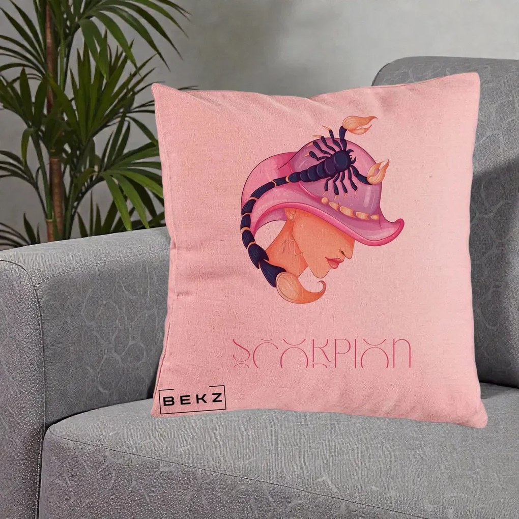 Perna Personalizata Zodiac Scorpion Cowgirl, 40x40 cm, Roz, Husa Detasabila, Perna Inclusa, BEKZ®