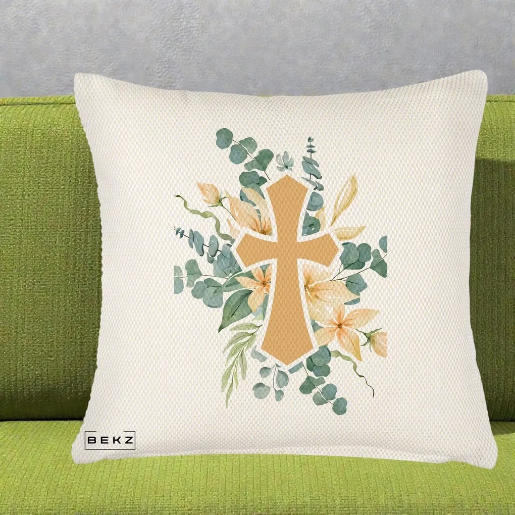 Perna Personalizata Cruce Florala Botez, 40x40 cm, Crem Reliefat, Husa Detasabila, Perna Inclusa, BEKZ®