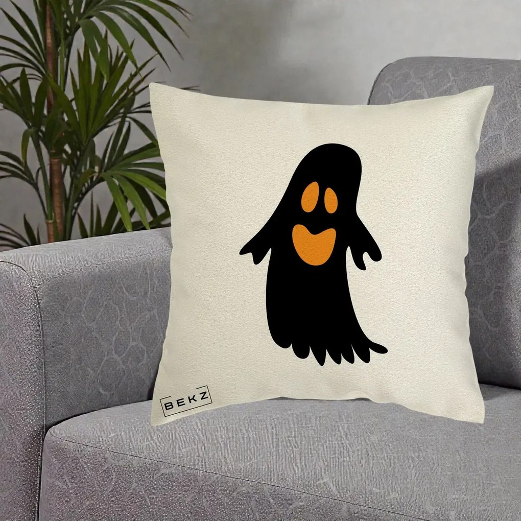 Perna Decorativa Halloween Fantoma Neagra cu Ochi Portocalii, 40x40 cm, Ecru, Husa Detasabila, Perna Inclusa, BEKZ®