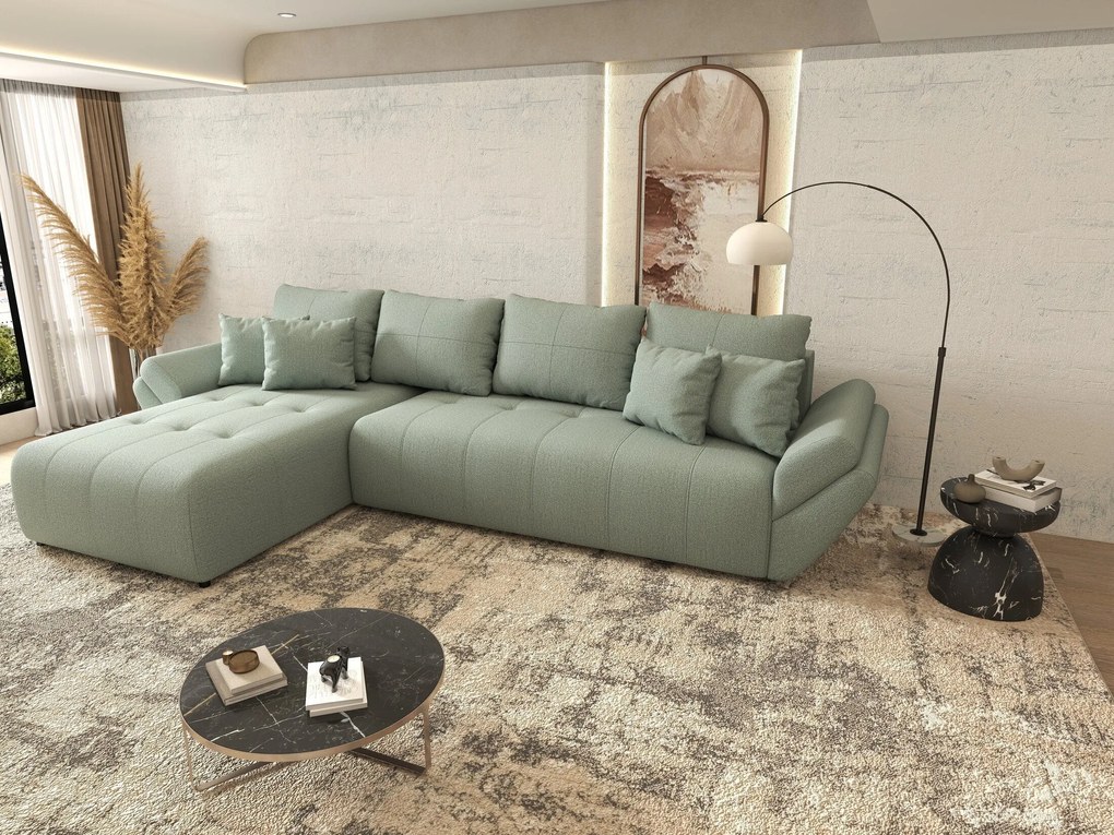 Colțar extensibil dumonde cu ladă de depozitare si sezut confortabil din spuma high-density, Berlin XL Enjoy Mint 350x185 cm