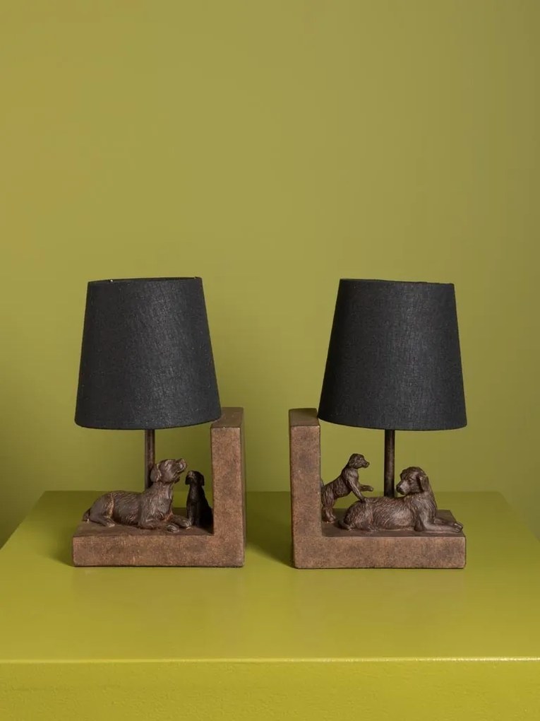 Set 2 lămpi de masă din bumbac negru, cu structură din rășină maro în formă de câine, finisaj patinat, 28×31×13 cm, „Compagnon"