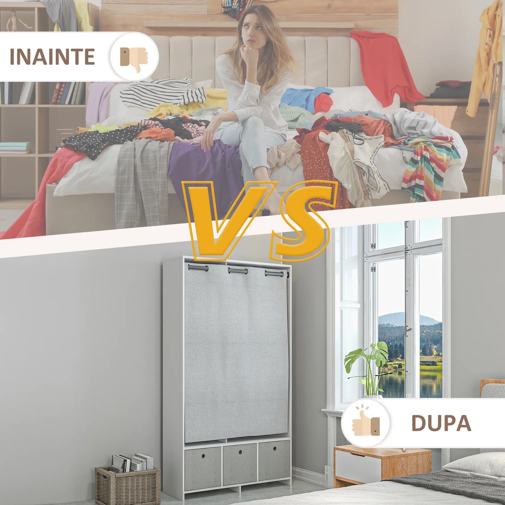 HOMCOM Dulap Modern cu Bară de Agățat, 3 Compartimente și Sertare din Țesătură, Organizator de Haine pentru Dormitor, Natural | Aosom Romania