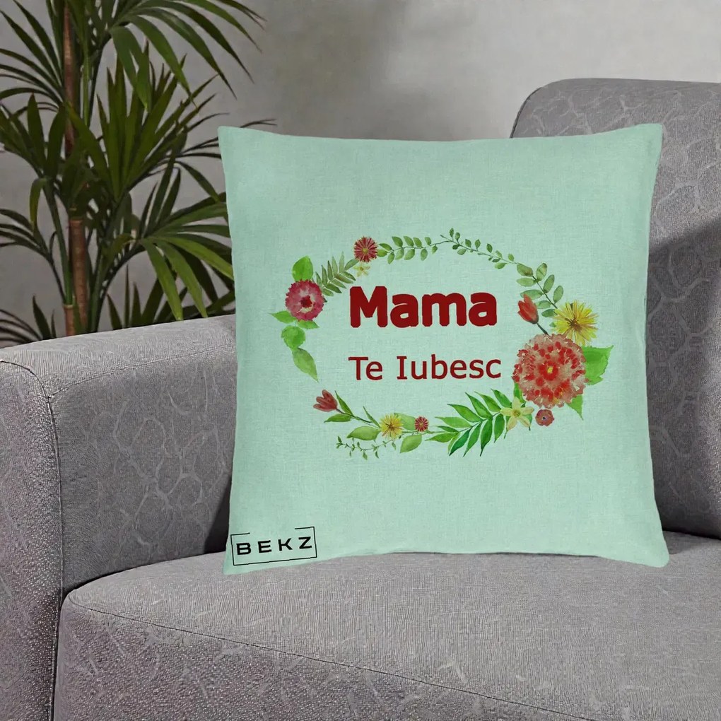 Cadou pentru Mama - Perna Personalizata Mama Te Iubesc Flori Rosii, 40x40 cm, Verde Menta, Husa Detasabila, Perna Inclusa, BEKZ®