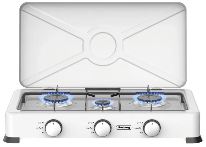 Aragaz cu 3arzatoare si capac Rosberg R51454E3, 3x2,2 kWh, 30 mbar, Otel carbon, Alb