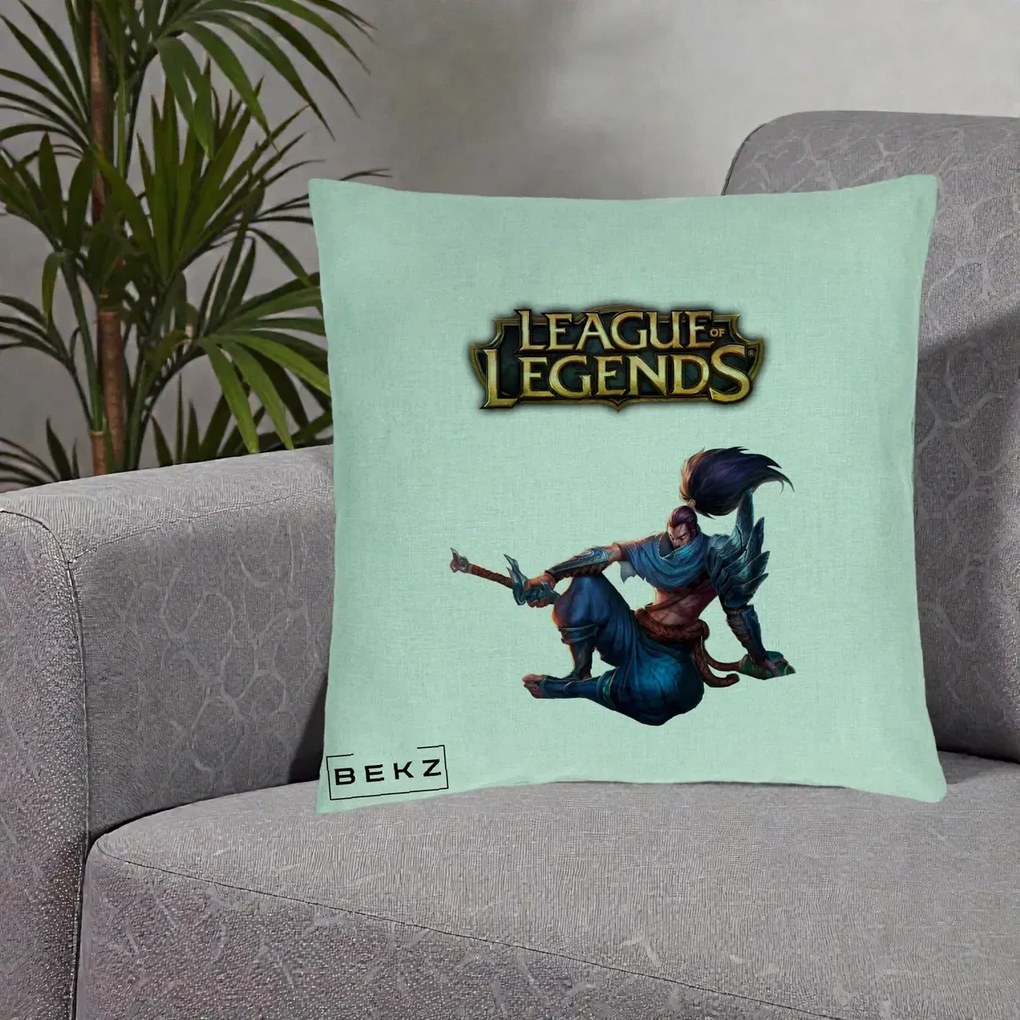 Perna Personalizata League of Legends Yasuo, 40x40 cm, Verde Menta, Husa Detasabila, Perna Inclusa, BEKZ®