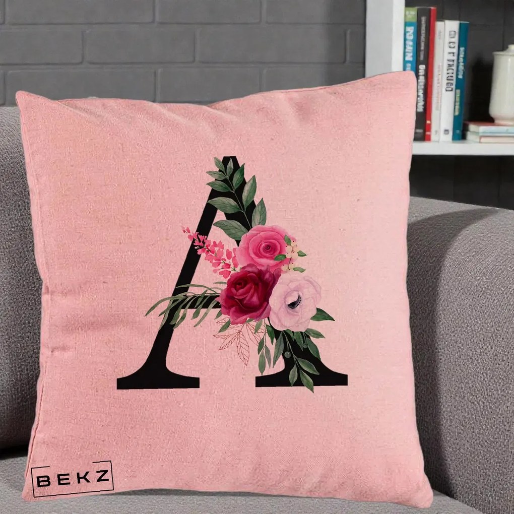 Cadou Personalizat - Perna Personalizata Monograma Florala Litera A, 40x40 cm, Roz, Husa Detasabila, Perna Inclusa, BEKZ®