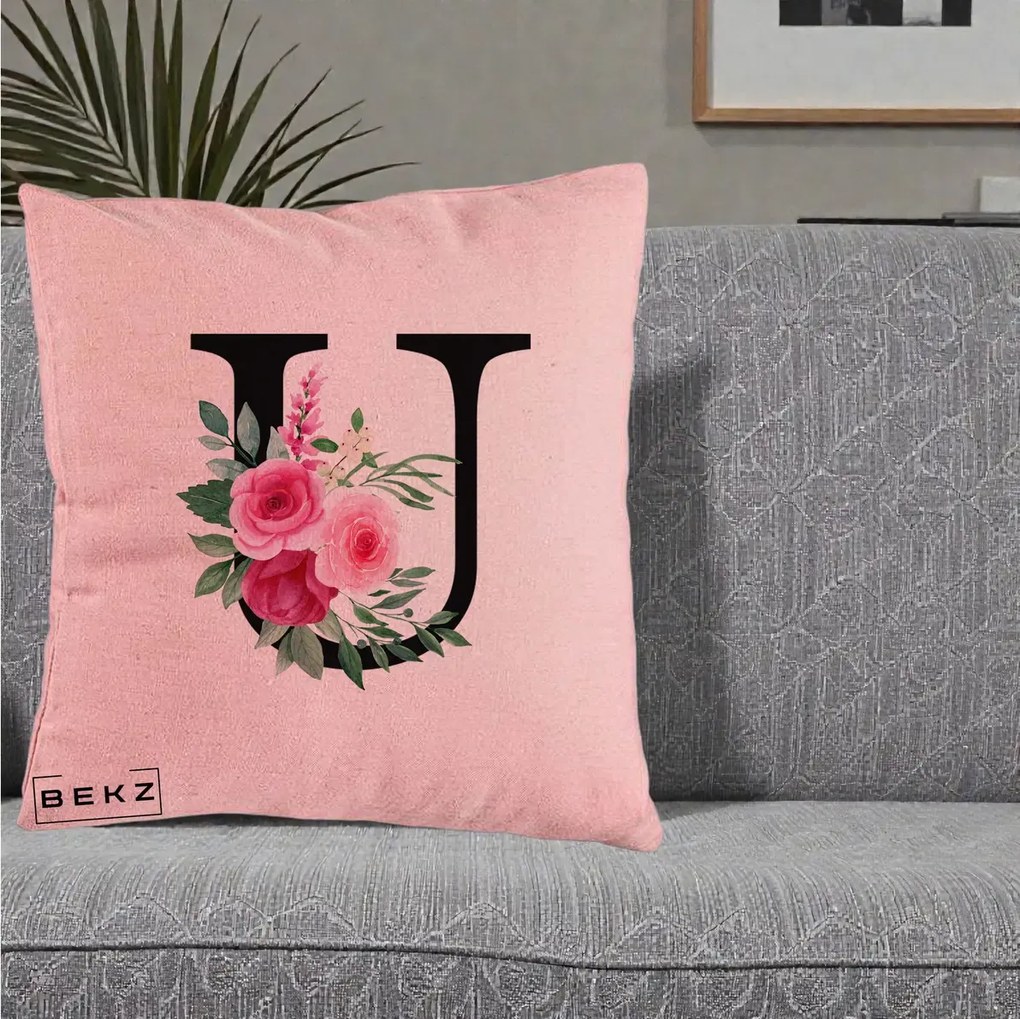 Cadou Personalizat - Perna Personalizata Monograma Florala Litera U, 40x40 cm, Roz, Husa Detasabila, Perna Inclusa, BEKZ®