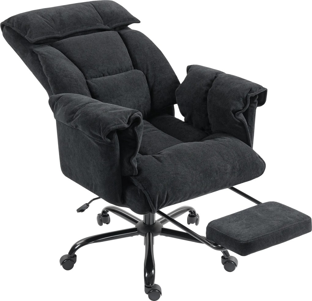 HOMCOM Scaun de Birou Directorial în Catifea cu Suport pentru Picioare și Spumă de Înaltă Reziliență, Fotoliu de Birou Reclinabil cu Spătar Înalt, Brațe Îmbunătățite, Înălțime Reglabilă și Roți, Negru | Aosom Romania