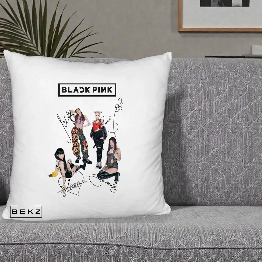 Perna Personalizata K-pop BLACKPINK Fotografie Grup Autografe Toate Membre, 40x40 cm, Alb Pufos, Husa Detasabila, Perna Inclusa, BEKZ®