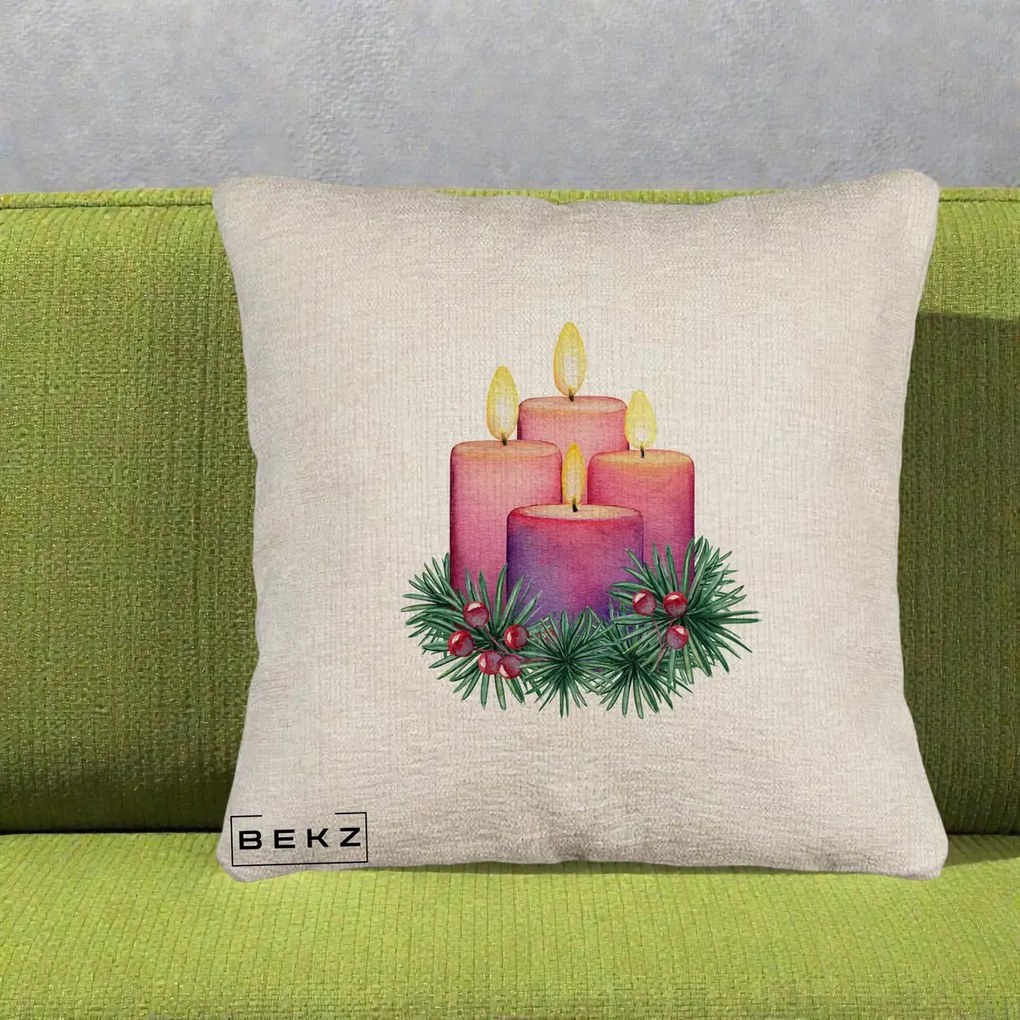 Perna Decorativa Lumanari Advent Roz-Violet, 40x40 cm, Bej Canapea, Husa Detasabila, Perna Inclusa, BEKZ®