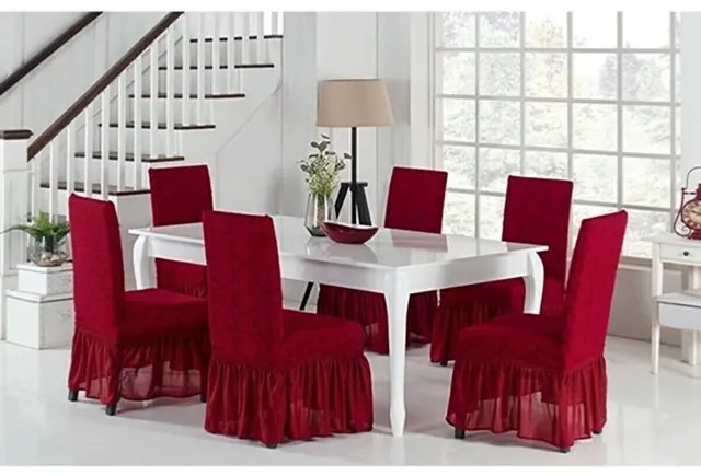 Set 6 huse elastice pentru scaune, cu volanas, model Jacquard Bordo