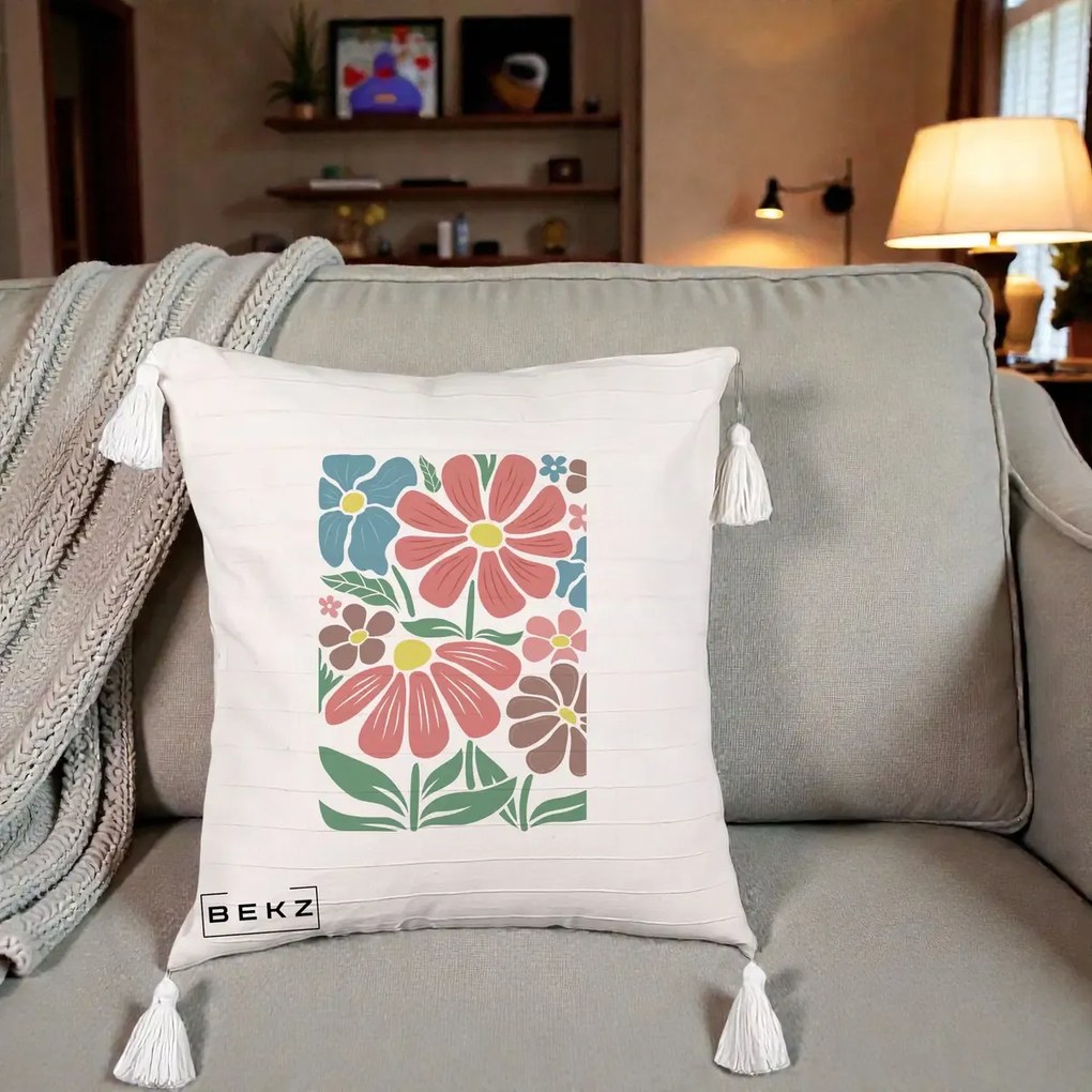 Perna decorativa cu flori: Flori Grafice Colorate Retro, 45x45 cm cu Umplutura, Bej cu Franjuri, BEKZ