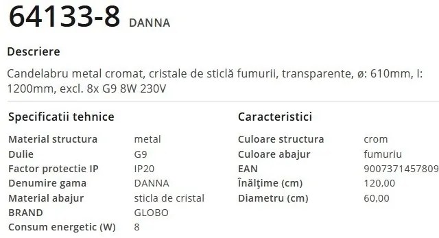 Candelabru elegant design modern Danna cromat/ fumuriu