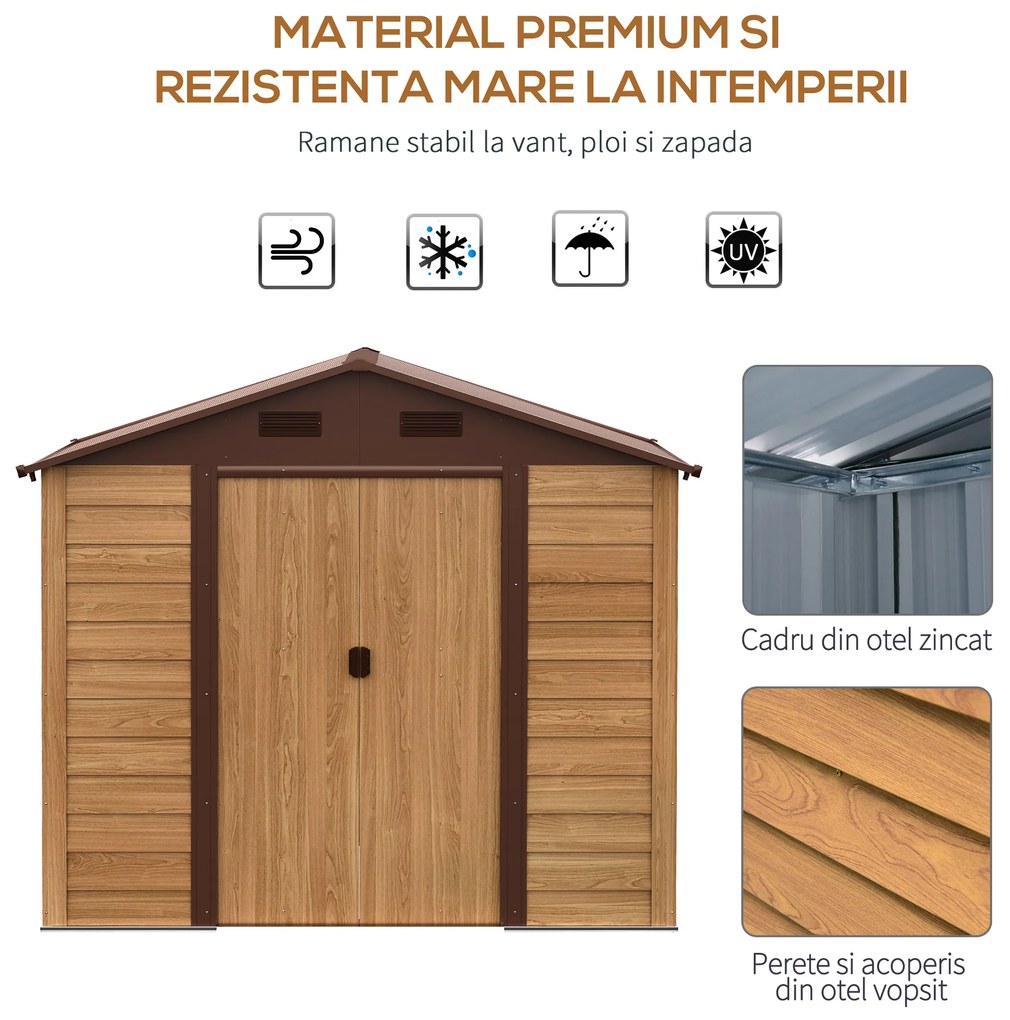 Outsunny Magazie de Grădină cu Uși Glisante, Magazie pentru Scule cu Structură din Oțel, 152x235,7x208,7 cm, Lemn Natural | Aosom Romania