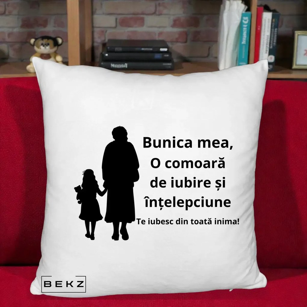 Cadou pentru Bunica - Perna Personalizata Bunica Mea Comoara Iubire Intelepciune Silueta, 40x40 cm, Alb Pufos, Husa Detasabila, Perna Inclusa, BEKZ®