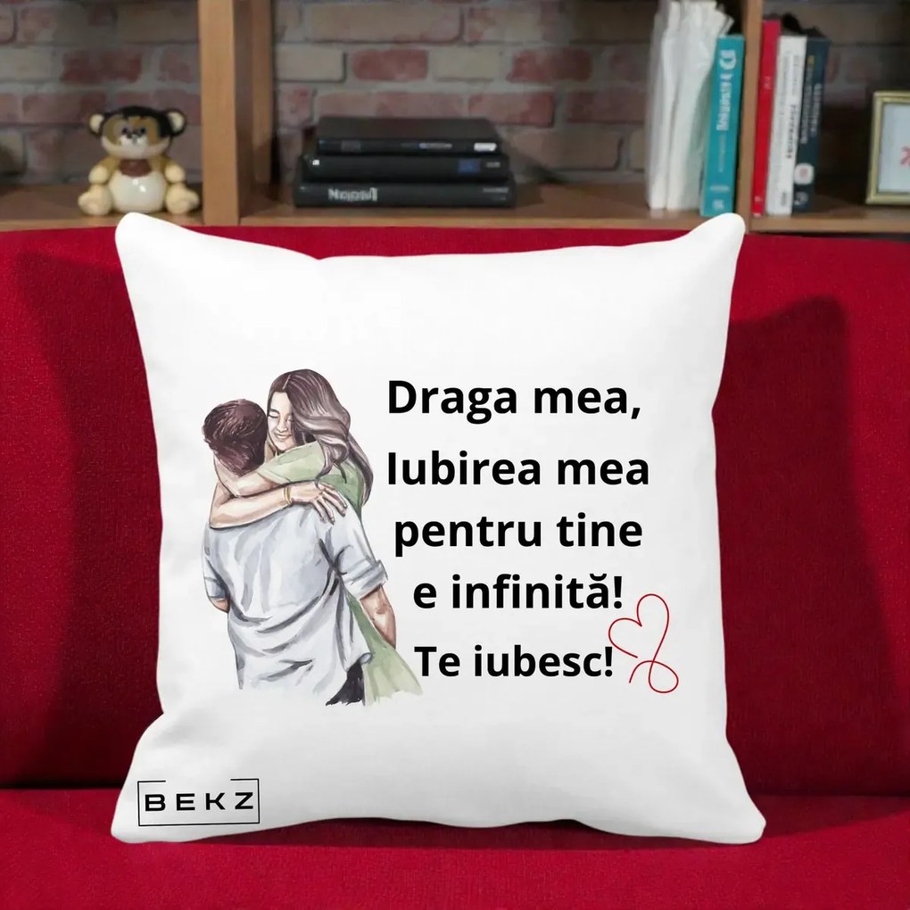 Cadou pentru Iubita - Perna Personalizata Draga Mea Iubirea Mea Infinita Te Iubesc cu Cuplu Acuarela, 40x40 cm, Alba Mata, Husa Detasabila, Perna Inclusa, BEKZ®