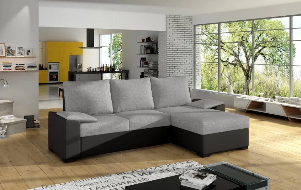 Coltar tapitat, extensibil cu spatiu pentru depozitare, 245x90x160 cm, Lusso, Eltap (Culoare: Gri inchis piele / Alb)