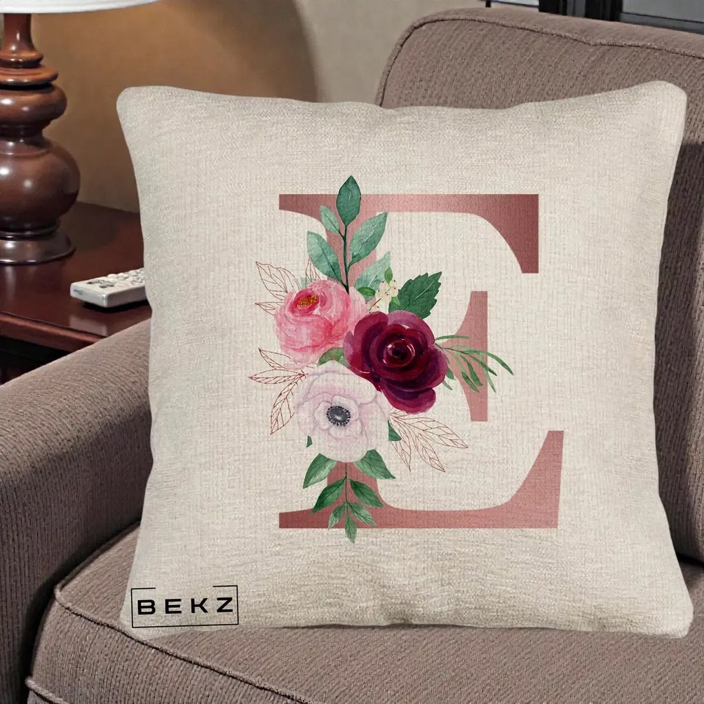 Cadou Personalizat - Perna Personalizata Monograma Rose Gold Litera E, 40x40 cm, Bej Canapea, Husa Detasabila, Perna Inclusa, BEKZ®