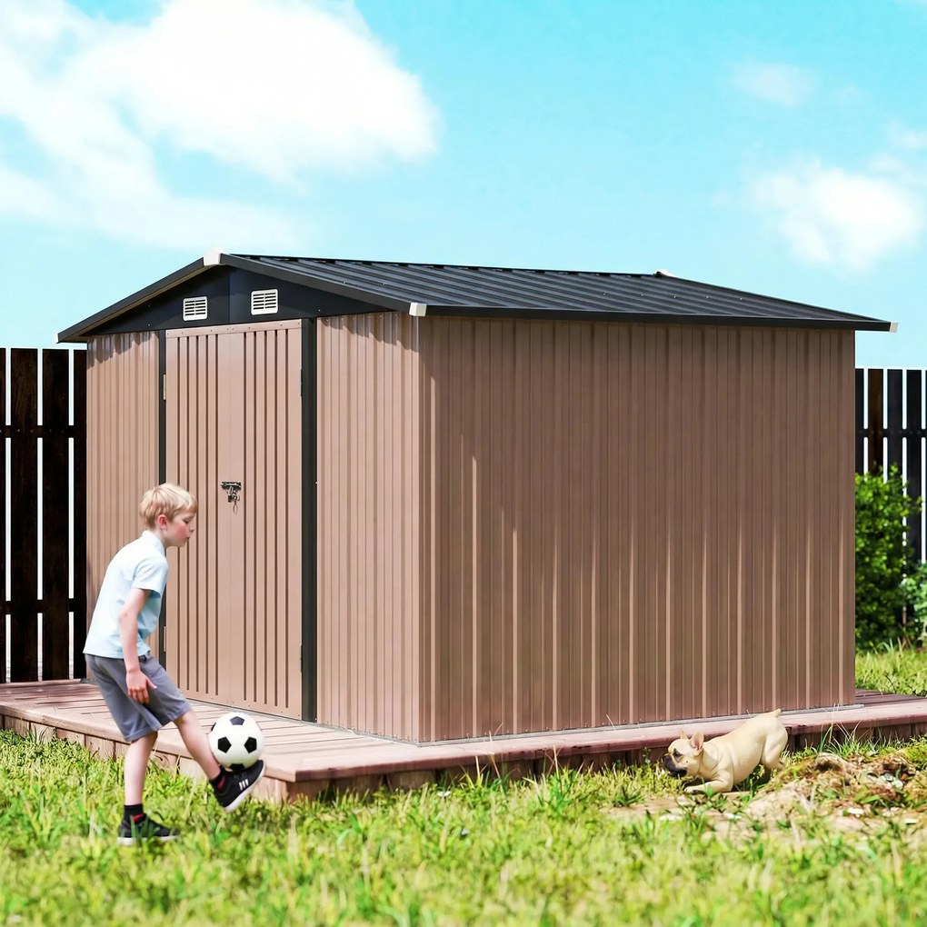 Outsunny Magazie Metalică 305 x 245 cm, Căsuță de Grădină Rezistentă cu 4 Guri de Aerisire și Uși Duble cu Încuietoare, Maro | Aosom Romania