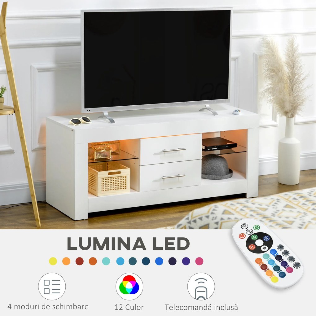 HOMCOM Comodă TV Modernă 55" cu LED RGB (12 Culori), Telecomandă Inclusă, Lemn cu Etajere din Sticlă, Dimensiune 120x40x50cm, Alb | Aosom Romania