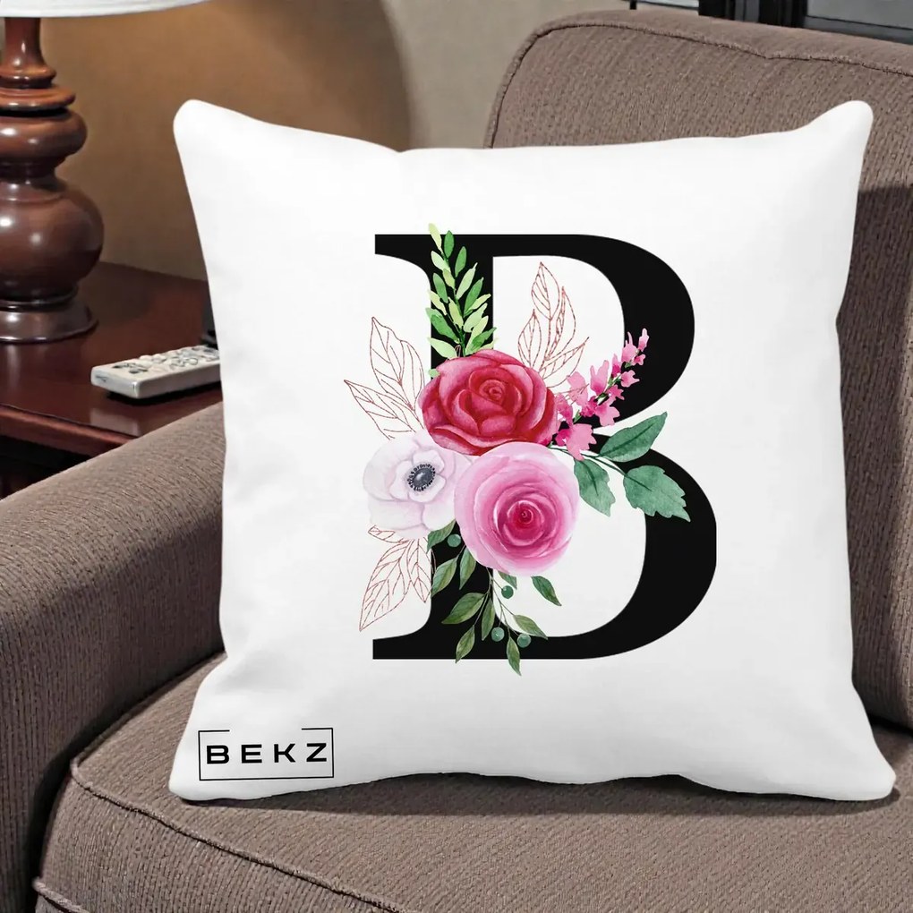 Cadou Personalizat - Perna Personalizata Monograma Florala Litera B, 40x40 cm, Alba Mata, Husa Detasabila, Perna Inclusa, BEKZ®