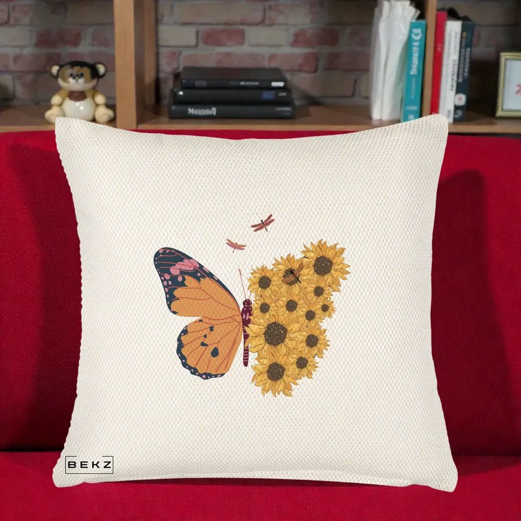 Perna Decorativa Fluture Floarea-Soarelui, 40x40 cm, Crem Reliefat, Husa Detasabila, Perna Inclusa, BEKZ®